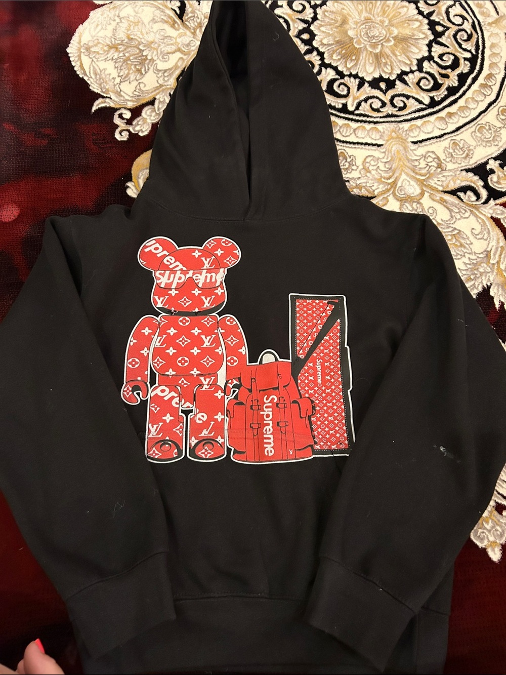 Supreme Black Hoodie with Red Bear & Red Bag Graphic